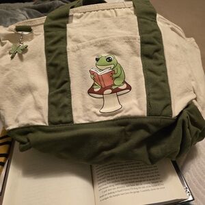 Hot Topic Cream and Olive Green Canvas Tote with Frog Bookprint